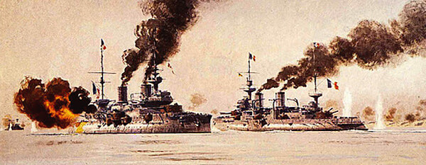 French battleships in the Dardanelles Narrows on 18th March 1915 Bouvet, sinking after striking a mine, and Suffren, under heavy Turkish shell fire