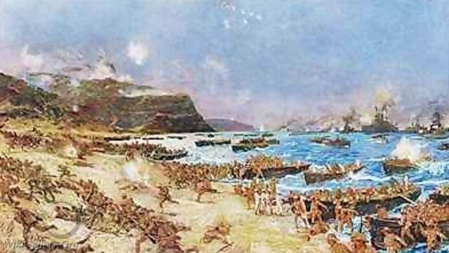 Australian and New Zealand troops landing at Anzac Cove Gallipoli on 25th April 1915: picture by Charles Edward Dixon