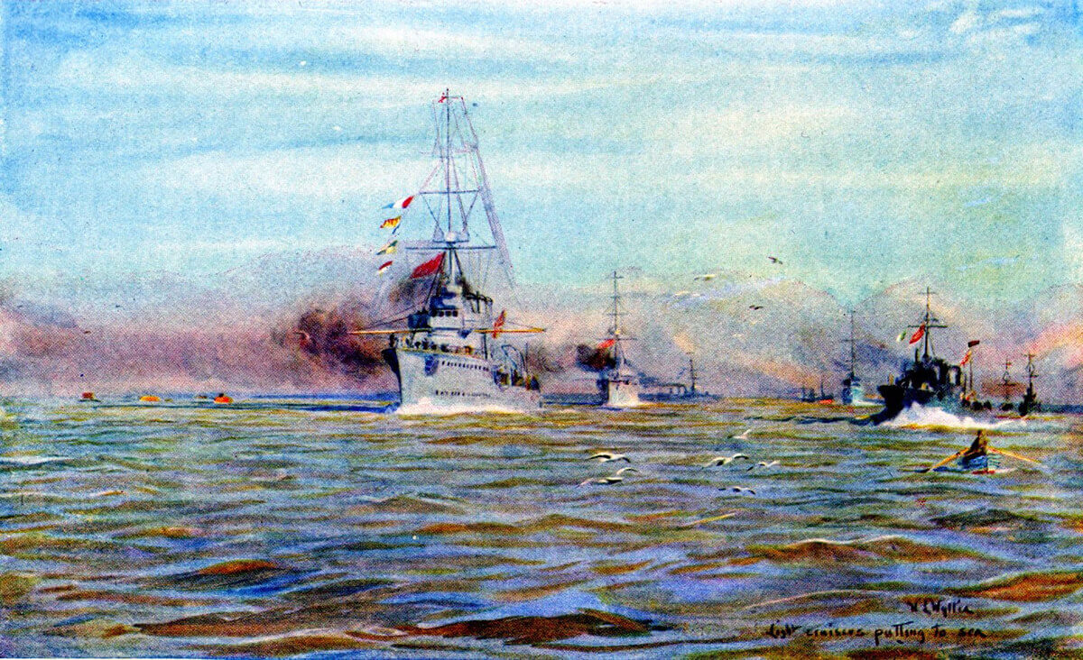 British Light Cruisers and Destroyers putting to sea from Harwich on 24th January 1915 for the Dogger Bank Action: picture by Lionel Wyllie