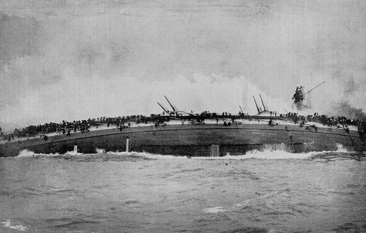 The German armoured cruiser SMS Blucher capsized and sinking in the Dogger Bank Action on 24th January 1915