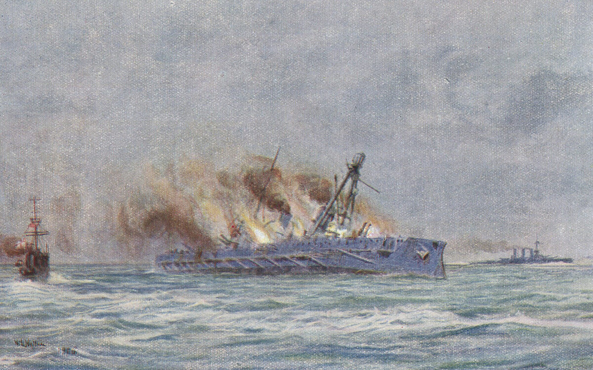The end of the German armoured cruiser SMS Blucher sinking in the Dogger Bank Action on 24th January 1915: picture by Lionel Wyllie