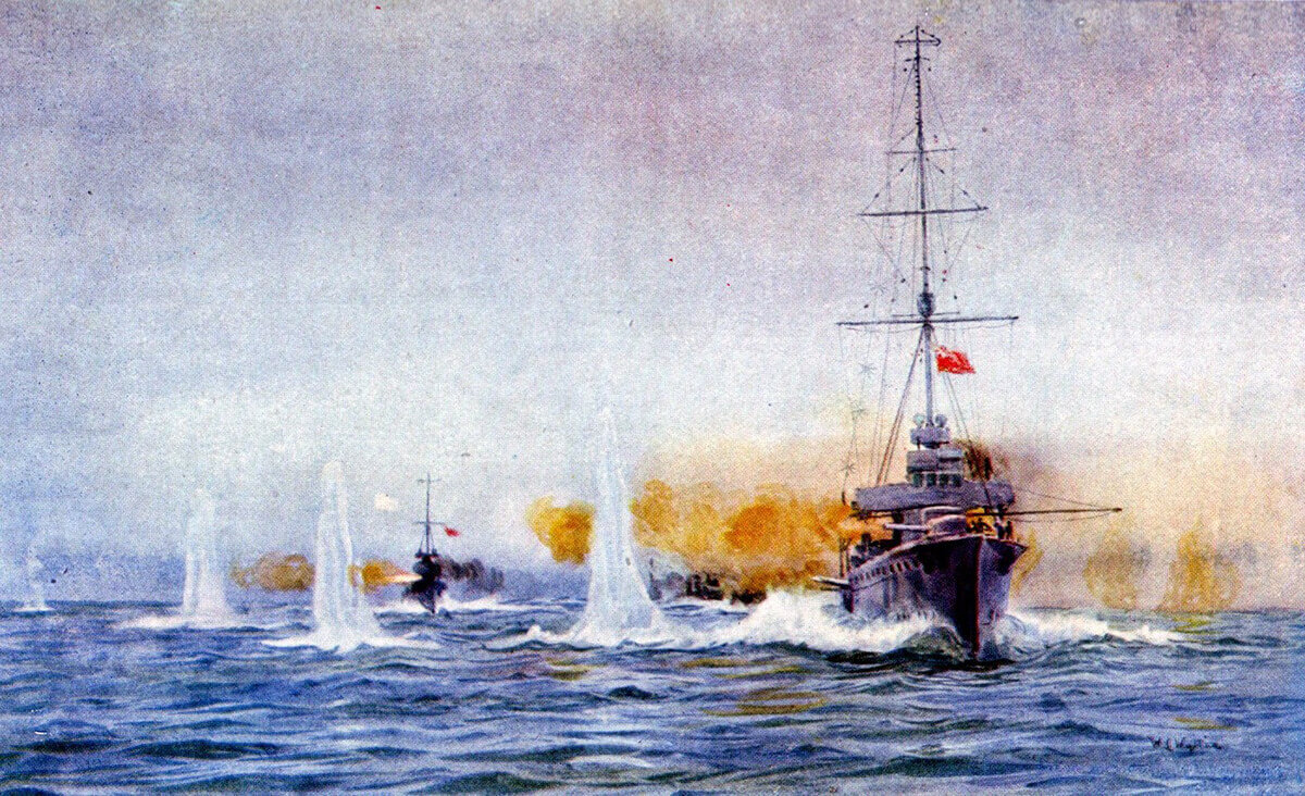 British light cruiser HMS Aurora begins the Dogger Bank Action at 7.15am on 24th January 1915 opening fire on the German light cruiser SMS Kolberg: picture by Lionel Wyllie