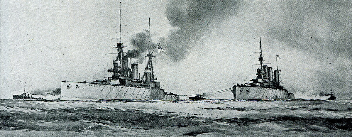 British battle cruiser HMS Indomitable towing the damaged HMS Lion after the Dogger Bank Action on 24th January 1915