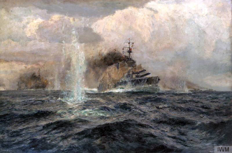 Admiral Beatty’s flagship HMS Lion in action at the Dogger Bank on 24th January 1915: picture by Arthur Burgess
