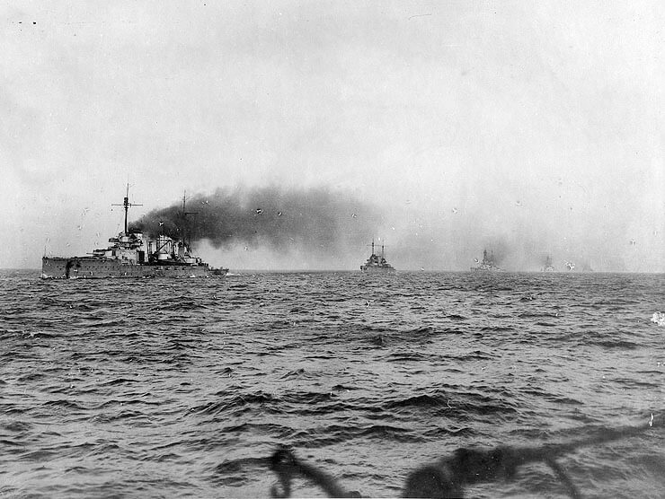 German battle cruisers: SMS Seydlitz leads SMS Moltke, Hindenburg, Derfflinger and Von der Tann into Scapa Flow on the German surrender in 1918. Of these ships Seydlitz, Moltke and Derfflinger fought at the Dogger Bank Action on 24th January 1915