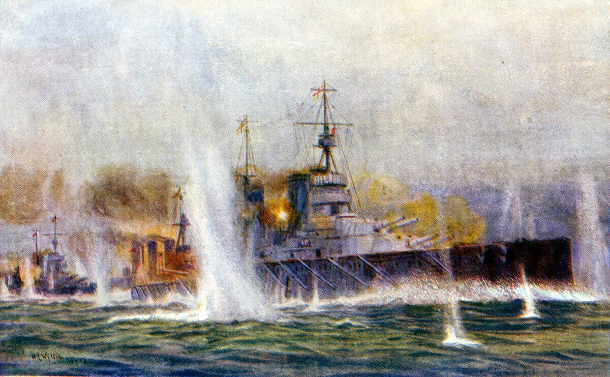 British battle cruisers HMS Lion, Tiger (known as ‘the big cats’) and Princess Royal in chase of the German squadron of Admiral Hipper on 24th January 1915 in the Dogger Bank Action: picture by Lionel Wyllie