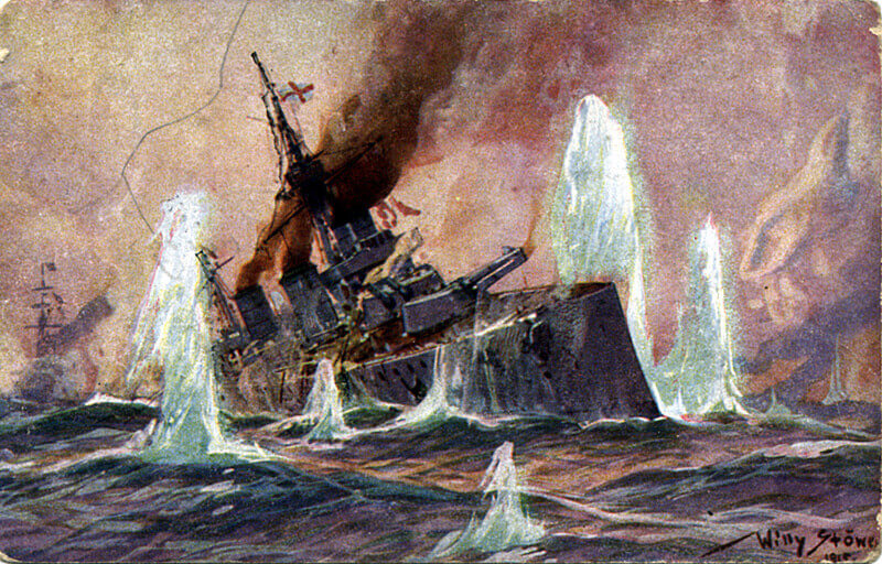 Admiral Beatty’s flagship HMS Lion heavily damaged during the Dogger Bank Action on 24th January 1915: picture by Willy Stoewer