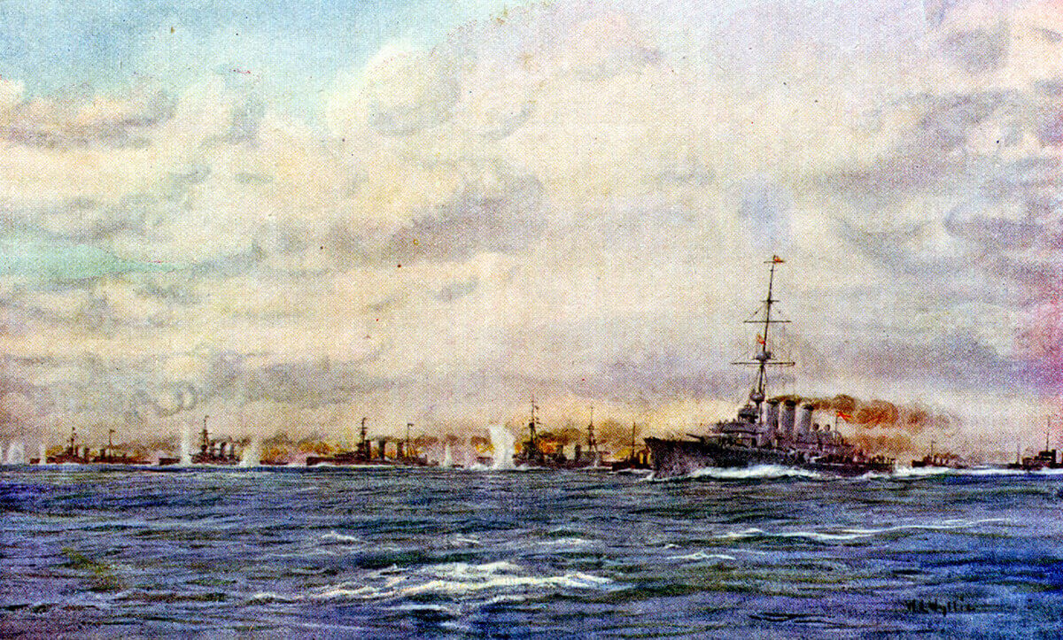 Admiral Beatty’s force of battle cruisers, light cruisers and destroyers in pursuit of Admiral Hipper’s German squadron on 24th January 1915 in the Dogger Bank Action: picture by Lionel Wyllie