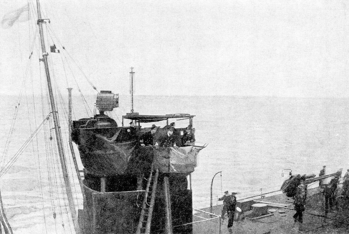 Admiral Beatty on the bridge of the British destroyer HMS Attack after transferring from his flag ship the damaged battle cruiser HMS Lion during the Dogger Bank Action on 24th January 1915