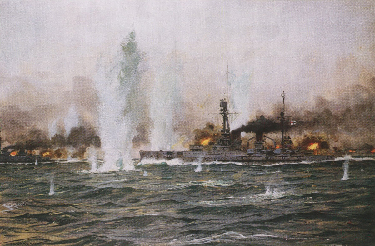 German armoured cruiser SMS Blucher in action at the Dogger Bank on 24th January 1915: picture by Claus Bergen