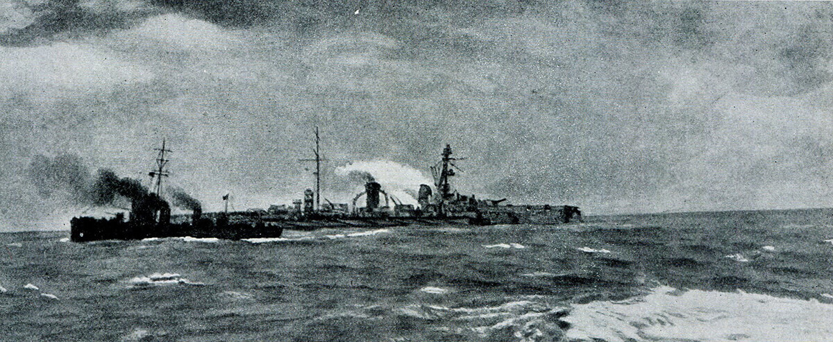 The German armoured cruiser SMS Blucher badly damaged in the Dogger Bank Action on 24th January 1915: the British light cruiser HMS Arethusa is in the foreground preparing to rescue members of Blucher’s crew