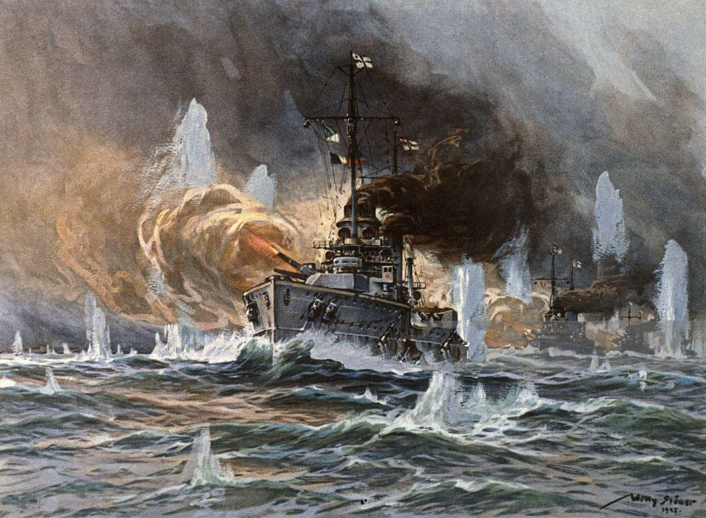 German Battle Cruisers in action at the Action off the Dogger Bank on : picture by Willie Stoewer