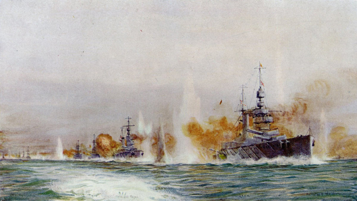 British Battle Cruisers opening fire in the opening stages of the Battle of Jutland on 31st May 1916: from the right HMS Lion Princess Royal Tiger Queen Mary New Zealand and Indefatigable: picture by Lionel Wyllie. Click here to buy this picture