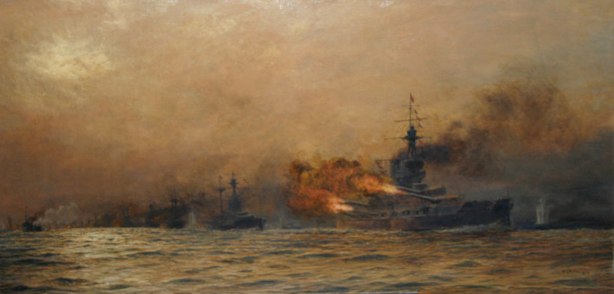 HMS Iron Duke Admiral Jellicoe's Flagship opening fire at approximately 6.15pm on 31st May 1916 at the Battle of Jutland. Iron Duke is followed by other British Battleships. The ship on the extreme left of the picture is the disabled British destroyer HMS Acasta: picture by Lionel Wyllie