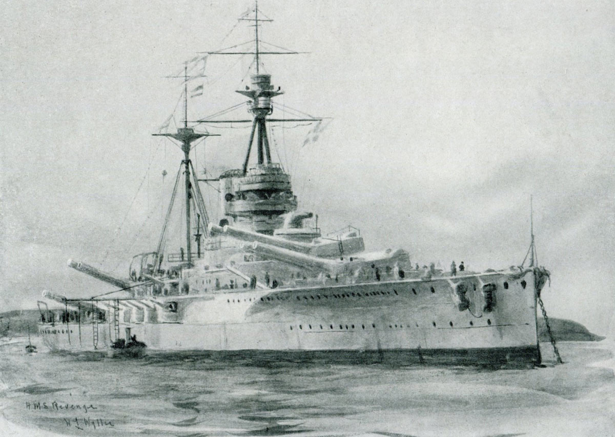 British Battleship HMS Revenge. Revenge fought at the Battle of Jutland on 31st May 1916 in Vice Admiral Sir Cecil Burney’s 1st Battle Squadron: picture by Lionel Wyllie