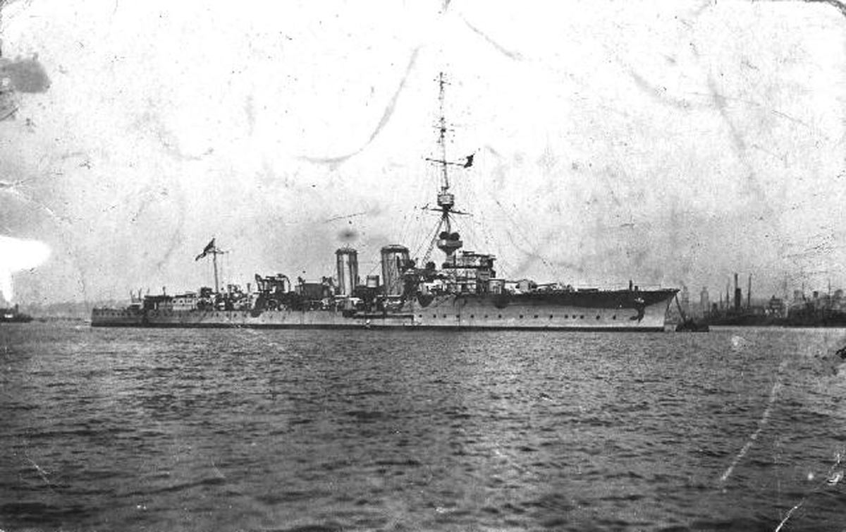 British Light Cruiser HMS Canterbury. Canterbury fought at the Battle of Jutland on 31st May 1916. Canterbury's navigating officer Lieutenant Cuthbert Coppinger was awarded the Distinguished Service Cross. See 'Coppinger of Jutland'