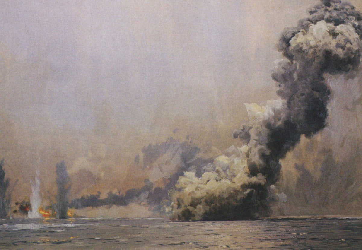 British battle cruiser HMS Queen Mary explodes at the Battle of Jutland on 31st May 1916: picture by Claus Bergen from the contemporary photograph taken by a British officer