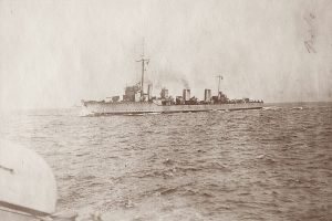 British Flotilla Leader HMS Broke. Broke fought at the Battle of Jutland on 31st May 1916 as a destroyer flotilla leader. She was severely damaged during the night-time torpedo attack on the German battleship line