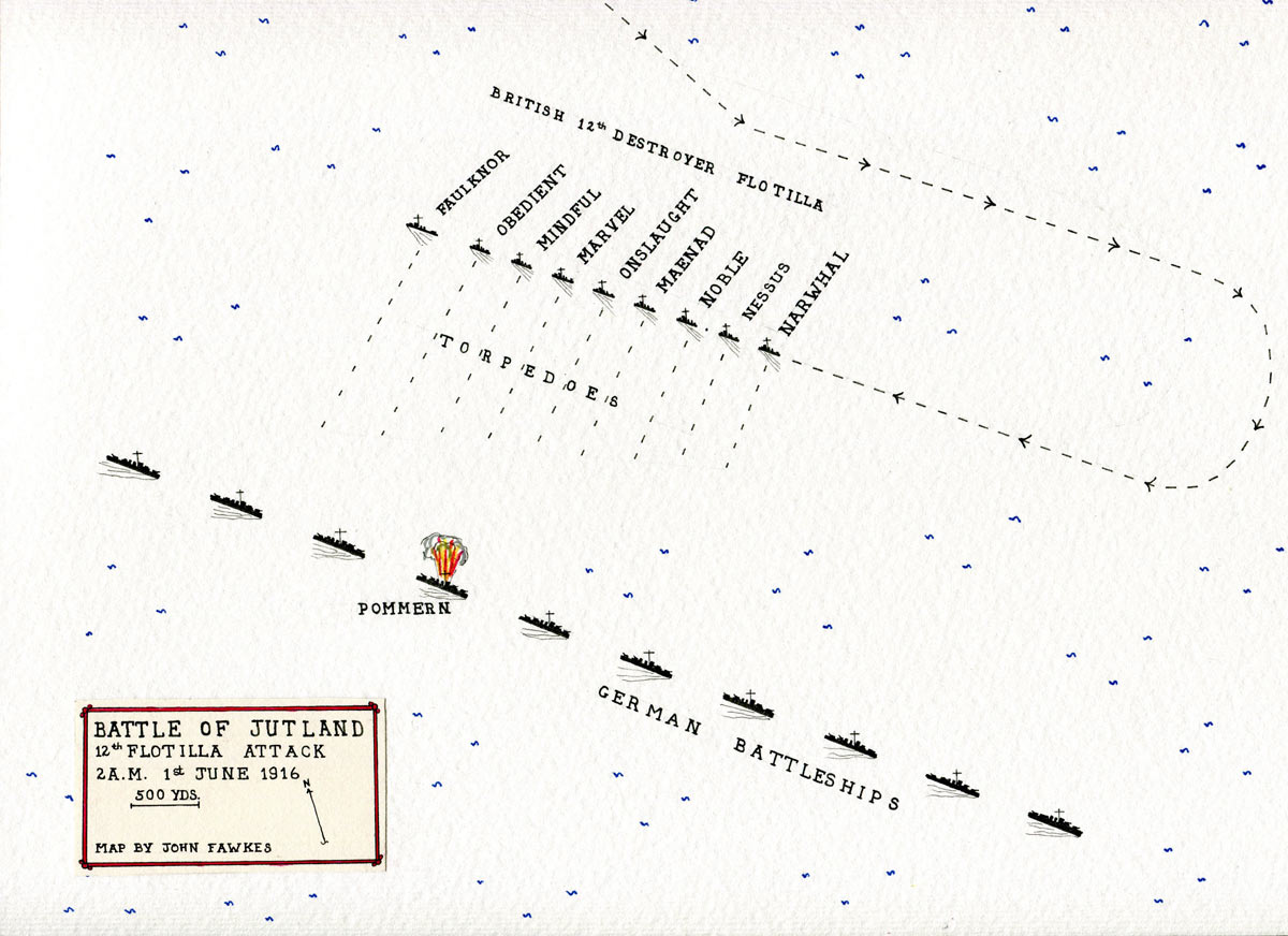 Plan showing the British 12th Destroyer Flotilla’s attack at dawn 1st June 1916 on the German Battle Line during the Battle of Jutland. In the attack the German pre-Dreadnought SMS Pommern was sunk with all hands. The order of the German Battleships was uncertain as ships had been forced to pull out of the line during the night to avoid torpedoes and then re-enter where there was a space: plan by John Fawkes