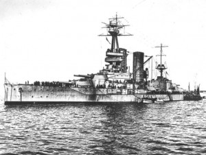 British Battleship HMS Canada. Canada fought at the Battle of Jutland on 31st May 1916 in Vice Admiral Sir Doveton Sturdee’s 4th Battle Squadron