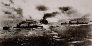 German Destroyers crossing through the line of German Battleships to deliver their torpedo attack on the British Battle Line and create the smoke screen at the Battle of Jutland 31st May 1916