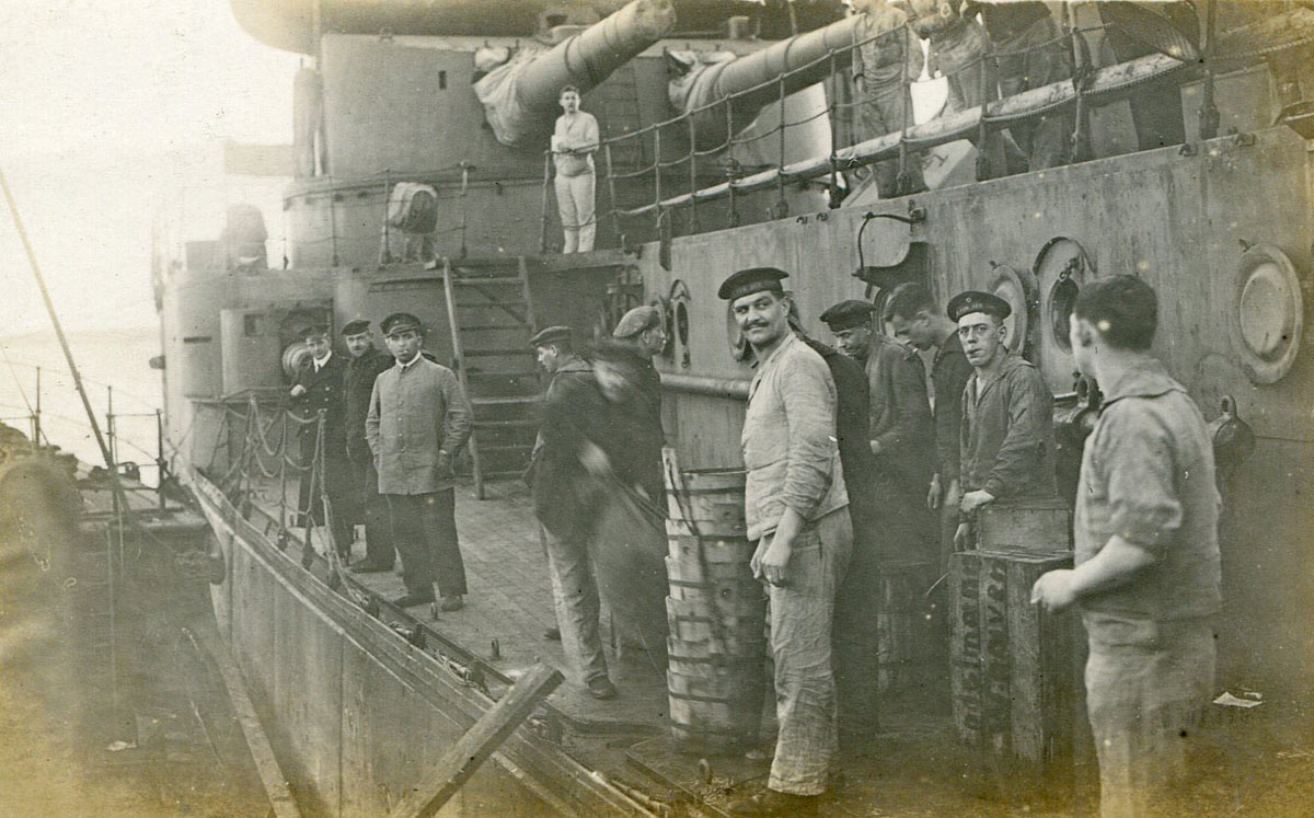 German sailors on SMS Frederick der Grosse in Scapa Flow after the Armistice in November 1918. This ship fought at the Battle of Jutland on 31st May 1916 as Admiral Scheer's Flagship