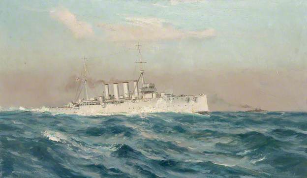 British Light Cruiser HMS Yarmouth. Yarmouth fought at the Battle of Jutland on 31st May 1916 in the 3rd Light Cruiser Squadron: picture by Arthur Burgess