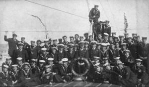 Crew of British Destroyer HMS Sparrowhawk. Sparrowhawk fought at the Battle of Jutland 31st May 1916 in the 4th Flotilla