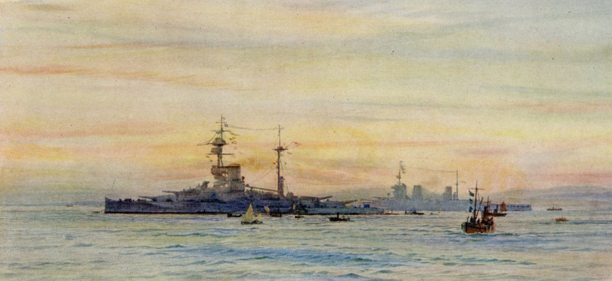 British Battleship HMS Revenge with British Battle Cruiser HMS Lion in the background. Both ships fought at the Battle of Jutland on 31st May 1916: picture by Lionel Wyllie