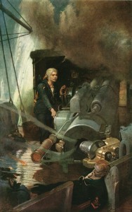 Jack Cornwell continuing to operate his gun on HMS Chester at the Battle of Jutland on 31st May 1916 after the death or disabling of the other gun crew winning a posthumous Victoria Cross: to buy a picture of Jack Cornwell VC working his gun click here