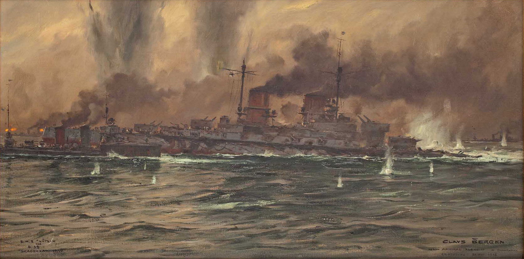 German Battle Cruiser SMS Lützow Hipper’s Flagship badly damaged by British shell fire at the Battle of Jutland 31st May 1916: picture by Claus Bergen