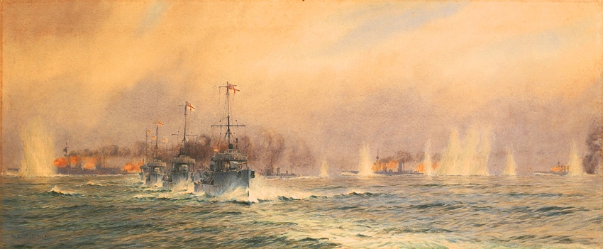 British destroyers begin their attack as HMS Queen Mary blows up at 4.26pm during the Battle of Jutland 31st May 1916