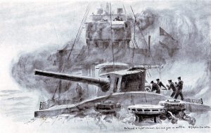Gun Crew in action on a British Light Cruiser at the Battle of Jutland 31st May 1916: picture by Lionel Wyllie