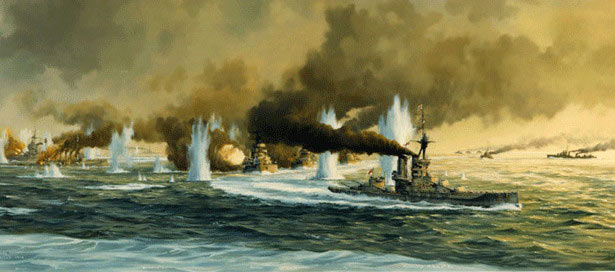 The German Battle Fleet carries out the ‘Battle Turn Away’ to escape from the British Grand Fleet at the Battle of Jutland 31st May 1916