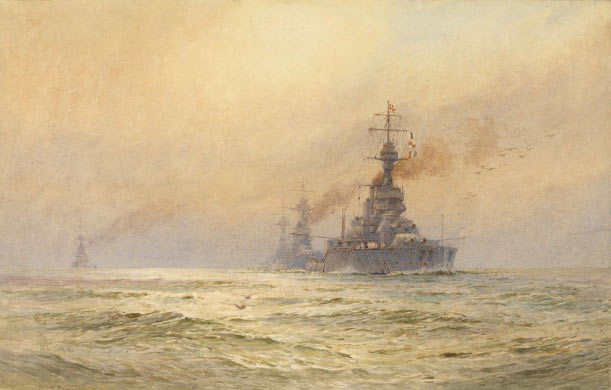 British Battleship HMS King George V with other battleships. King George V fought in Admiral Jerram’s 2nd Battle Squadron at the Battle of Jutland on 31st May 1916