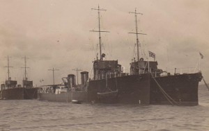 British Destroyers in Harbour HMS Fortune and Ambuscade at the front. Both ships fought at the Battle of Jutland on 31st May 1916