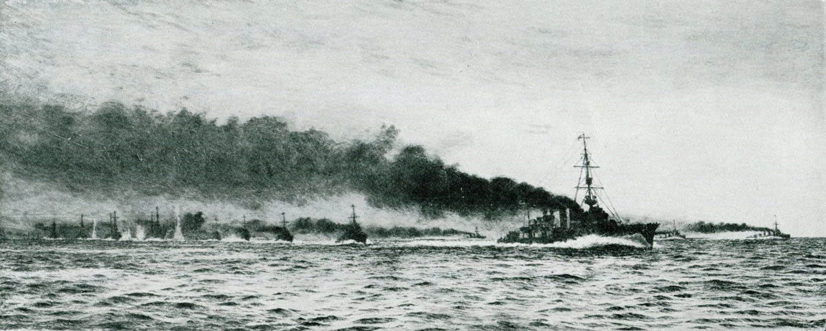 British Light Cruiser HMS Champion and 13th Destroyer Flotilla ahead of the Battle Cruisers at the beginning of the Battle of Jutland 31st May 1916: picture by Lionel Wyllie
