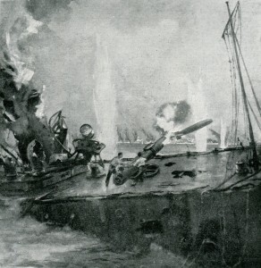 British Destroyer HMS Shark fighting to the last before sinking in the Battle of Jutland on 31st May 1916. Shark’s captain Commander Loftus Jones was awarded a posthumous Victoria Cross