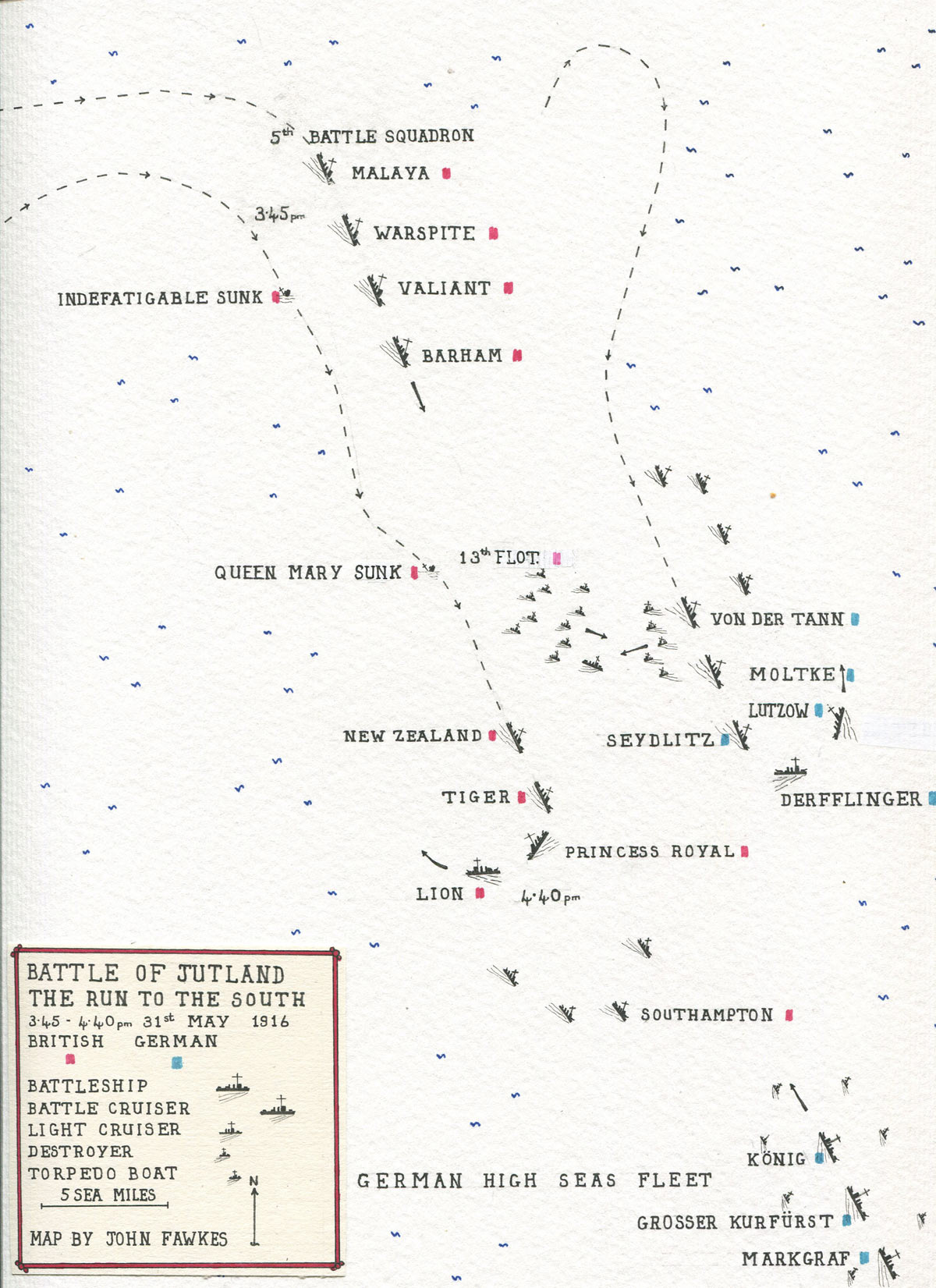 Map of the ‘Run to the South’ by the British and German Battle Cruiser Fleets in the opening phase of the Battle of Jutland 31st May 1916: map by John Fawkes