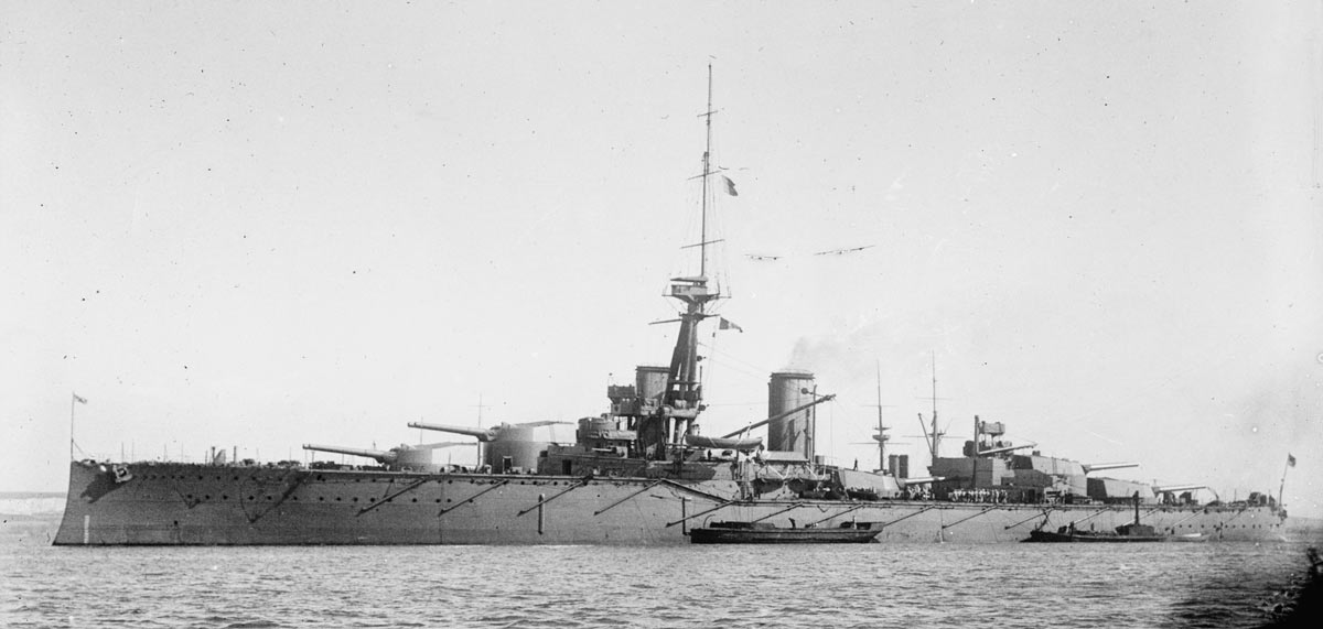 British Battleship HMS Monarch. Monarch fought at the Battle of Jutland on 31st May 1916 in Vice Admiral Sir Thomas Jerram’s 2nd Battle Squadron