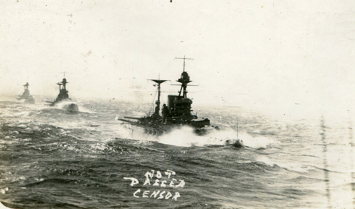 5th Battle Squadron; HMS Valiant, Warspite & Malaya about to open fire; taken from HMS Barham. 5th Battle Squadron fought at the Battle of Jutland on 31st May 1916 as part of Admiral Beatty's Battle Cruiser Fleet.