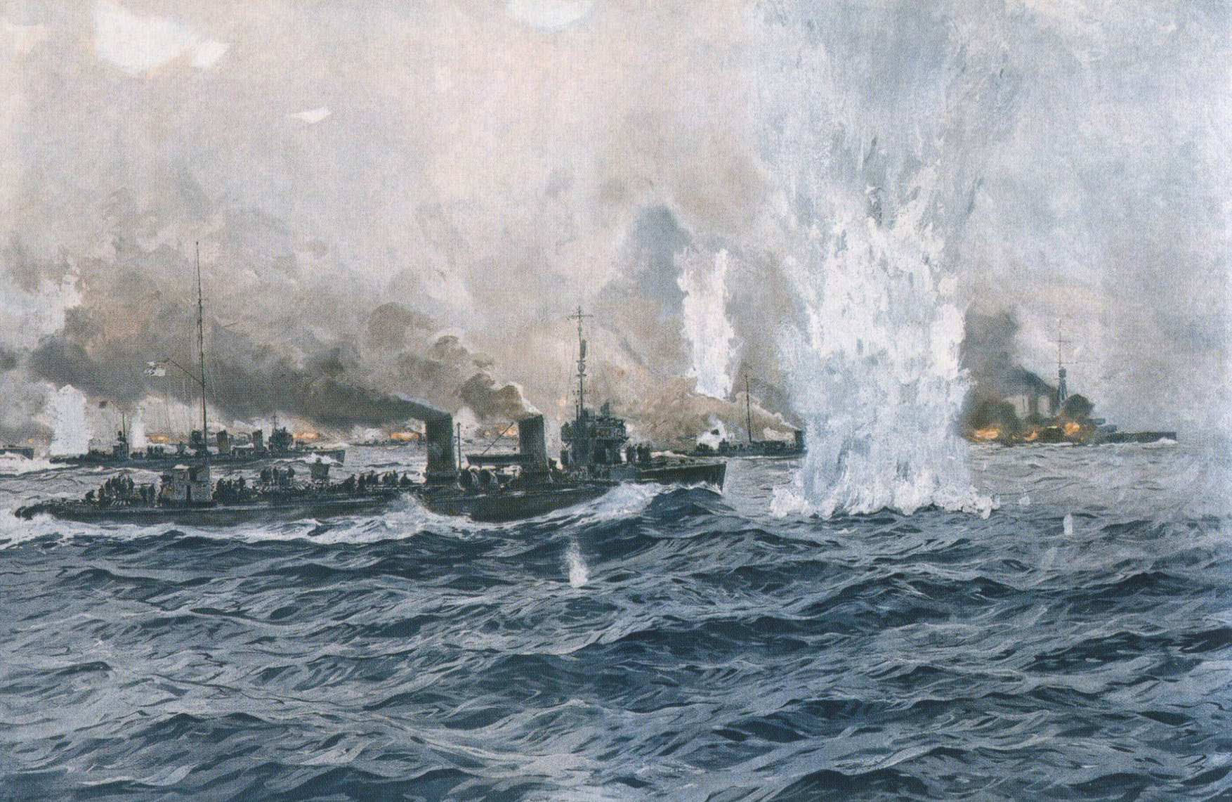 German Destroyers going in to the attack at the Battle of Jutland 31st May 1916: picture by Claus Bergen