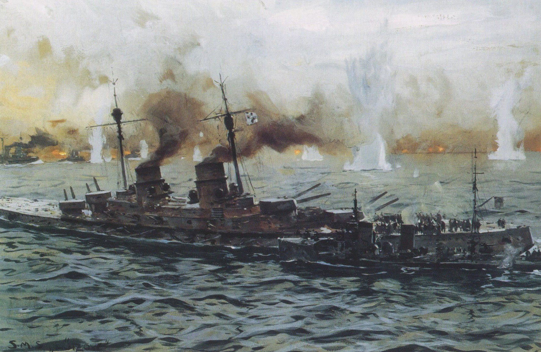 Admiral Hipper leaves his stricken flagship SMS Lützow by destroyer for SMS Moltke. Lützow later sank. Battle of Jutland 31st May 1916: picture by Claus Bergen