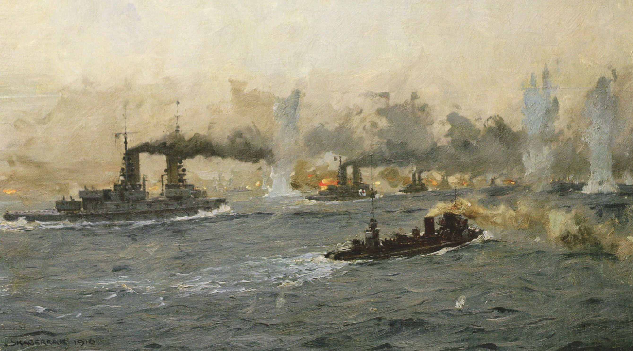German Battleships and Destroyers in action Battle of Jutland 31st May 1916: picture by Claus Bergen
