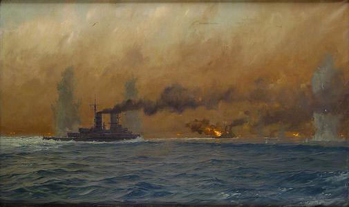 British Cruiser HMS Defence explodes after being struck by several salvos from German Battleships at the Battle of Jutland 31st May 1916: picture by Claus Bergen