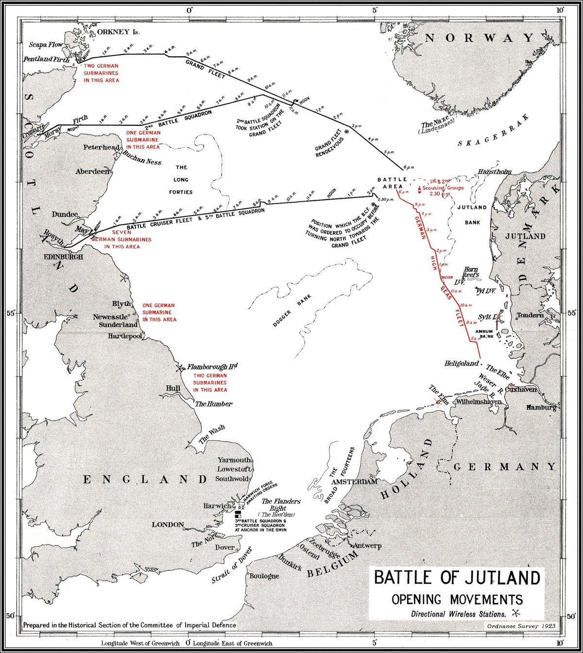 Map of the North Sea showing the advance of the British and German Fleets to the Battle of Jutland on 31st May 1916