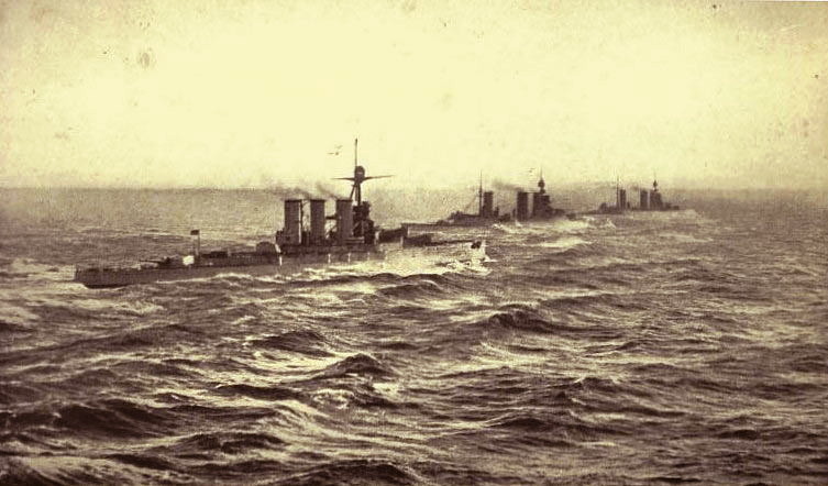 British Battle Cruisers HMS Tiger Princess Royal and Lion 1916: contemporary photograph taken from the next battle cruiser in line possibly Queen Mary