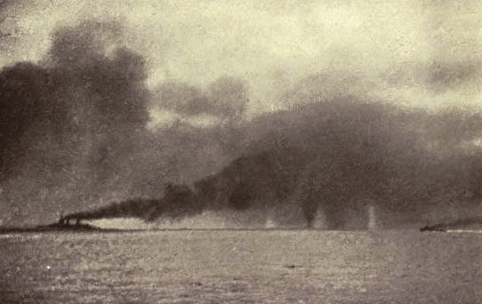 British Battle Cruisers turning from south to north on sighting the German High Seas Fleet and beginning the ‘Run to the North’ Battle of Jutland 31st May 1916 Lion turning Princess Royal straddled: contemporary photograph taken from a British ship