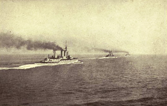 British battle cruisers HMS Queen Mary Princess Royal and Lion around 1pm on 31st May 1916 about 2 hours before the Battle of Jutland began: contemporary photograph taken from HMS Tiger the next battle cruiser in line