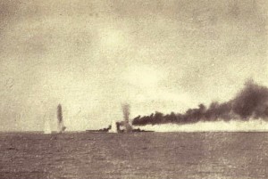 First of a series of photographs taken from a British destroyer at the Battle of Jutland on 31st May 1916 showing salvos of German shells landing short of HMS Lion: contemporary photograph taken from a British destroyer